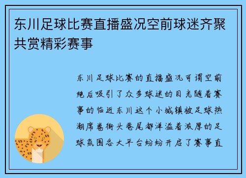 东川足球比赛直播盛况空前球迷齐聚共赏精彩赛事